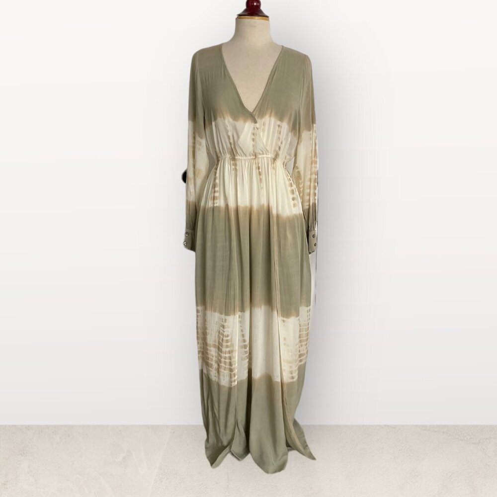 AAKAA beige tan tiedye MAXI dress boho chic GYPSET THIGH SLIT medium lightweight